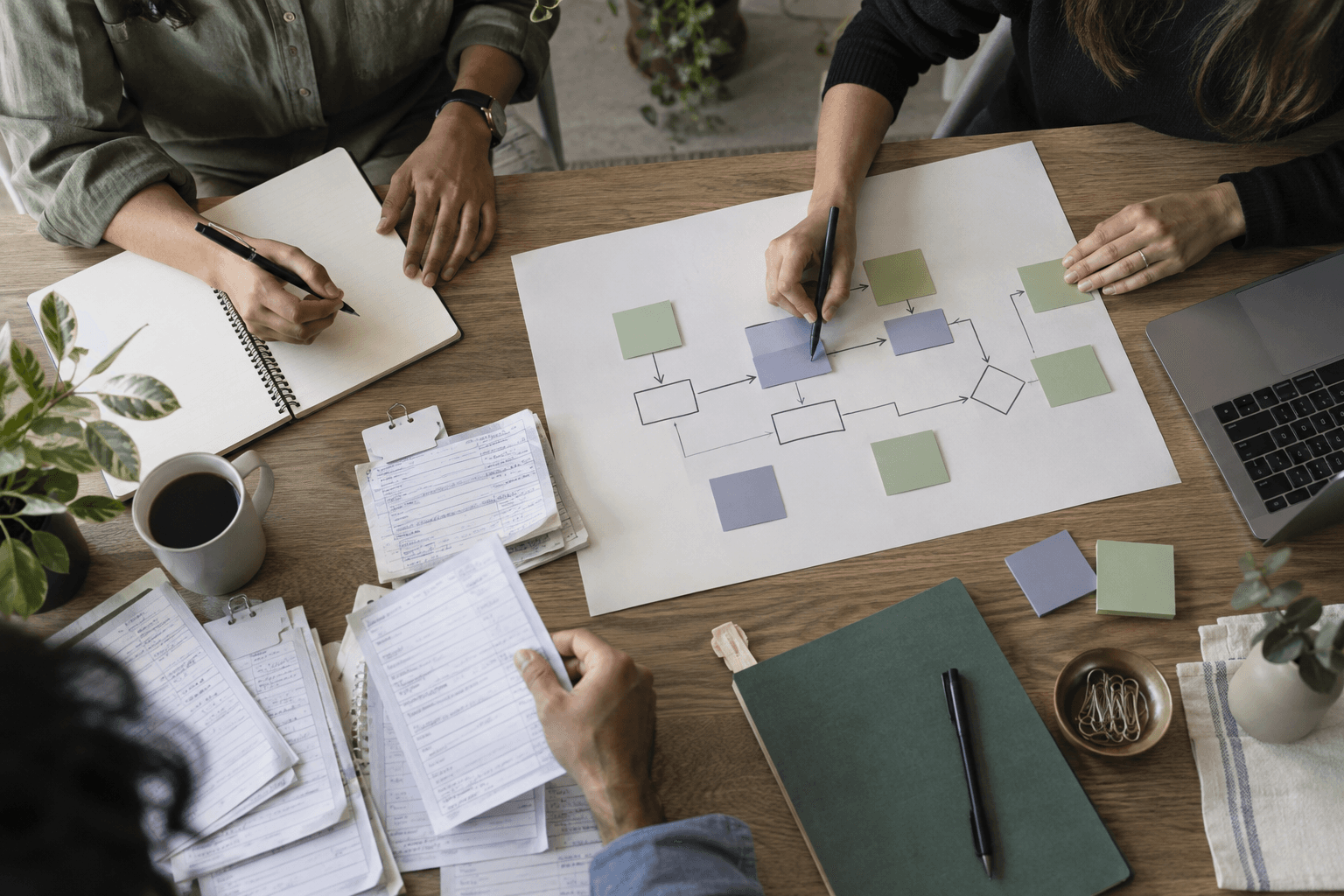 Equipo organizando un proceso de trabajo con notas y documentos.